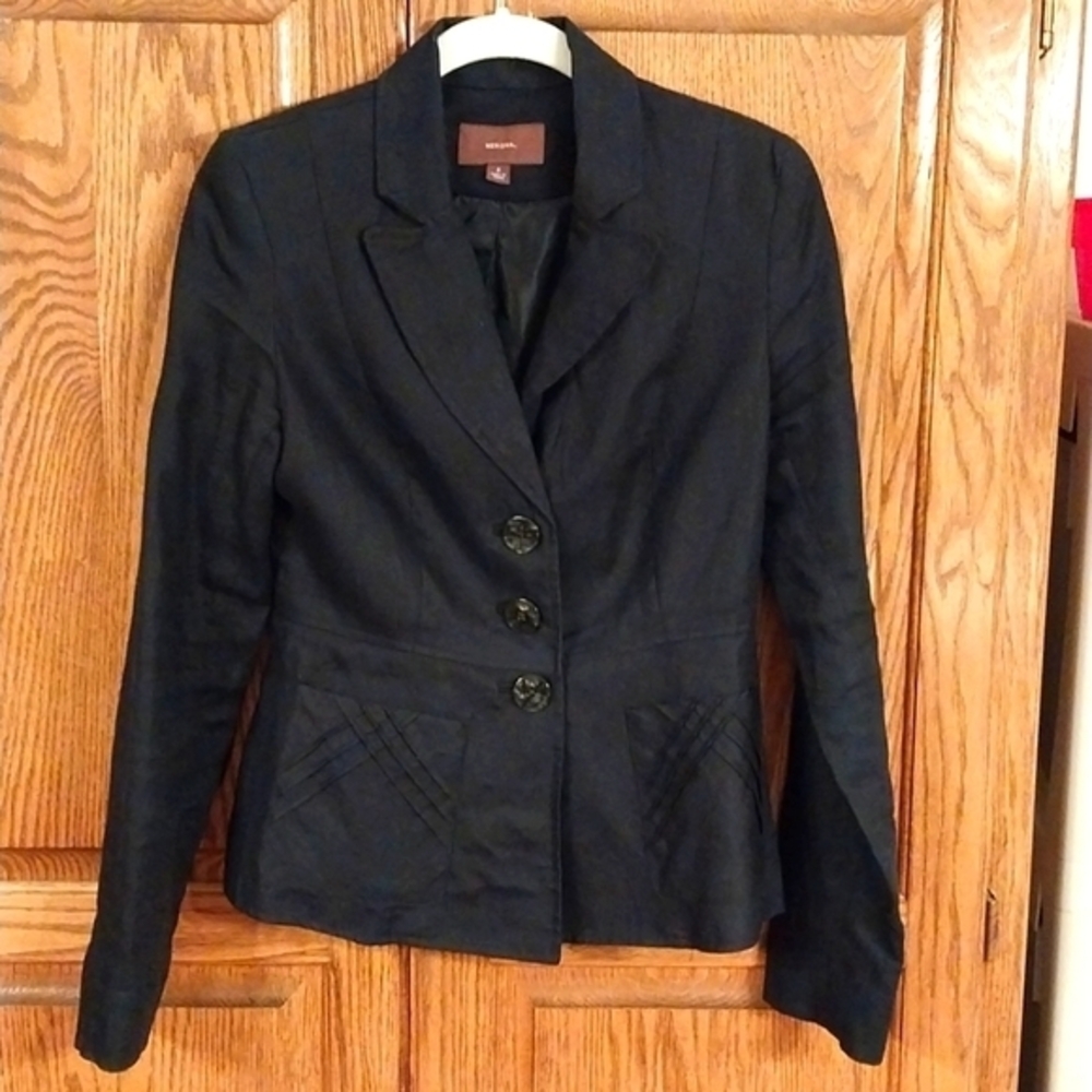 Merona Vintage Linen Blazer Jacket Size‎ 4 Black Fitted 3 Button Front 2 Pockets